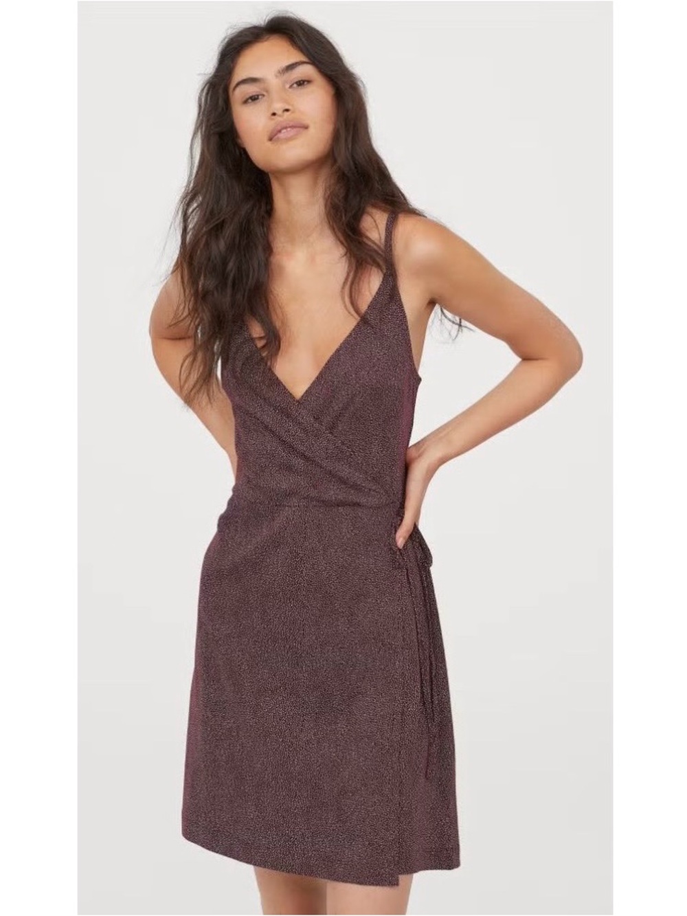 H&M Burgundy Speckled Polka Dot Spaghetti-Strap Wrap Mini Dress